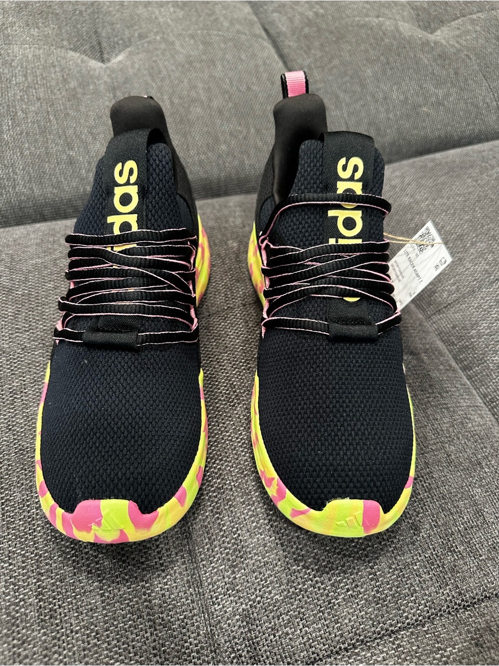 Adidas Black Knit Slip-Ons Boys  Size 5Y  Girls Size 6.5 Neon Pink Neon Yellow